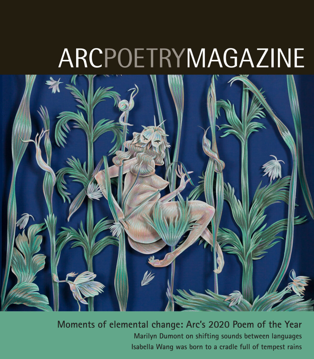 the cover of Arc's 92 issues, which is black, green and blue and has plants and a naked person with breasts in a style that resembles paper cutouts