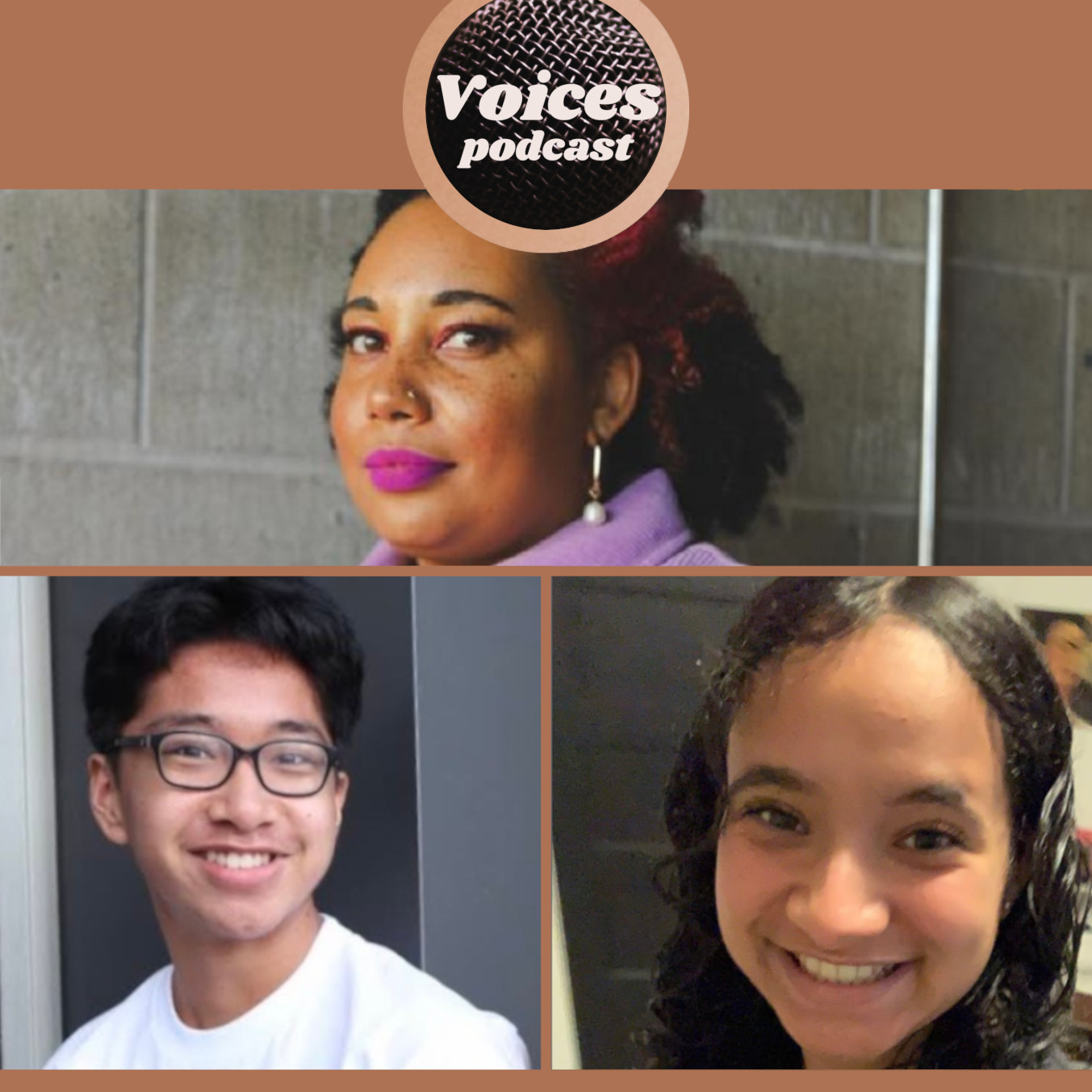 Cicely Belle Blain, and Aaronsaul Negre and Mia Luz Nedellec with the Voices Podcast logo