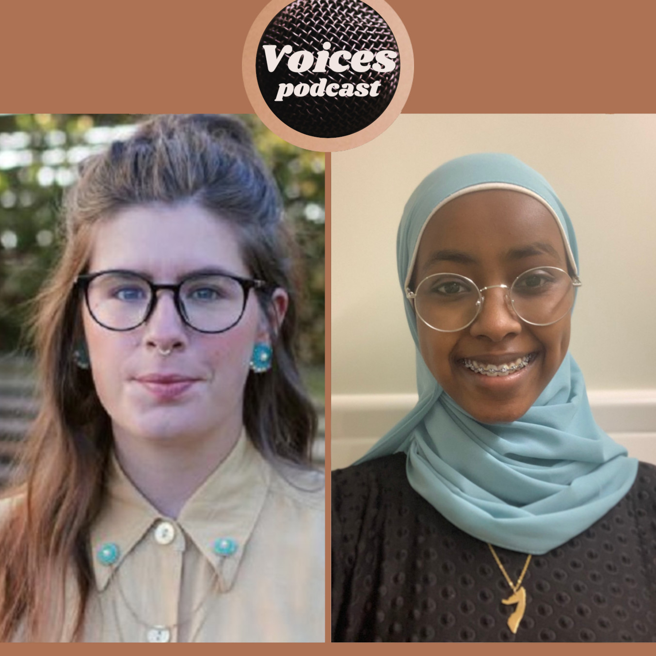Jessica Johns and Yusra Ali with the Voices Podcast logo