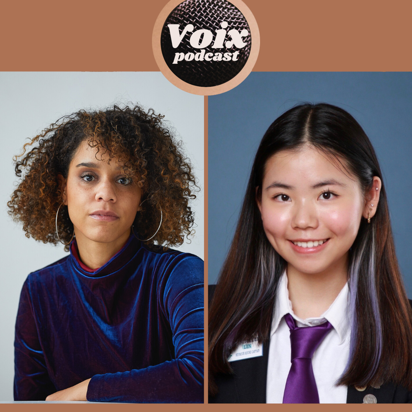 Chloé Savoie-Bernard et Michelle Lin avec le Voix Podcast logo