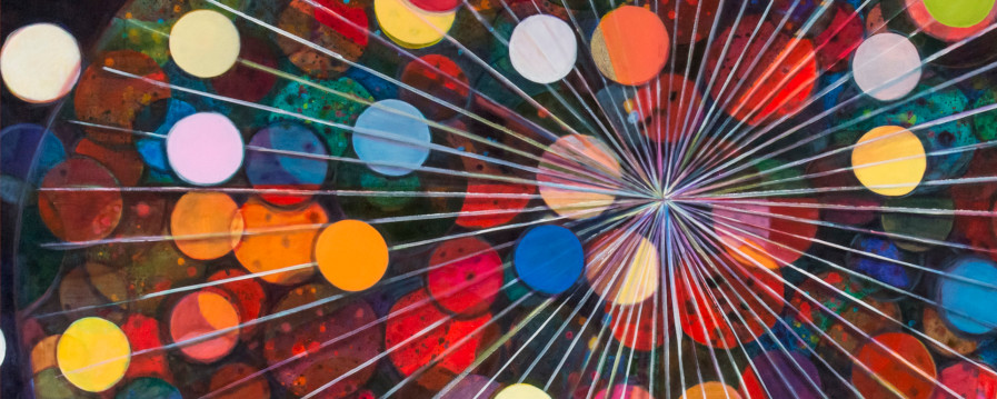 an explosion of colourful balls in front of and behind many thin, light coloured lines in a spoke formation