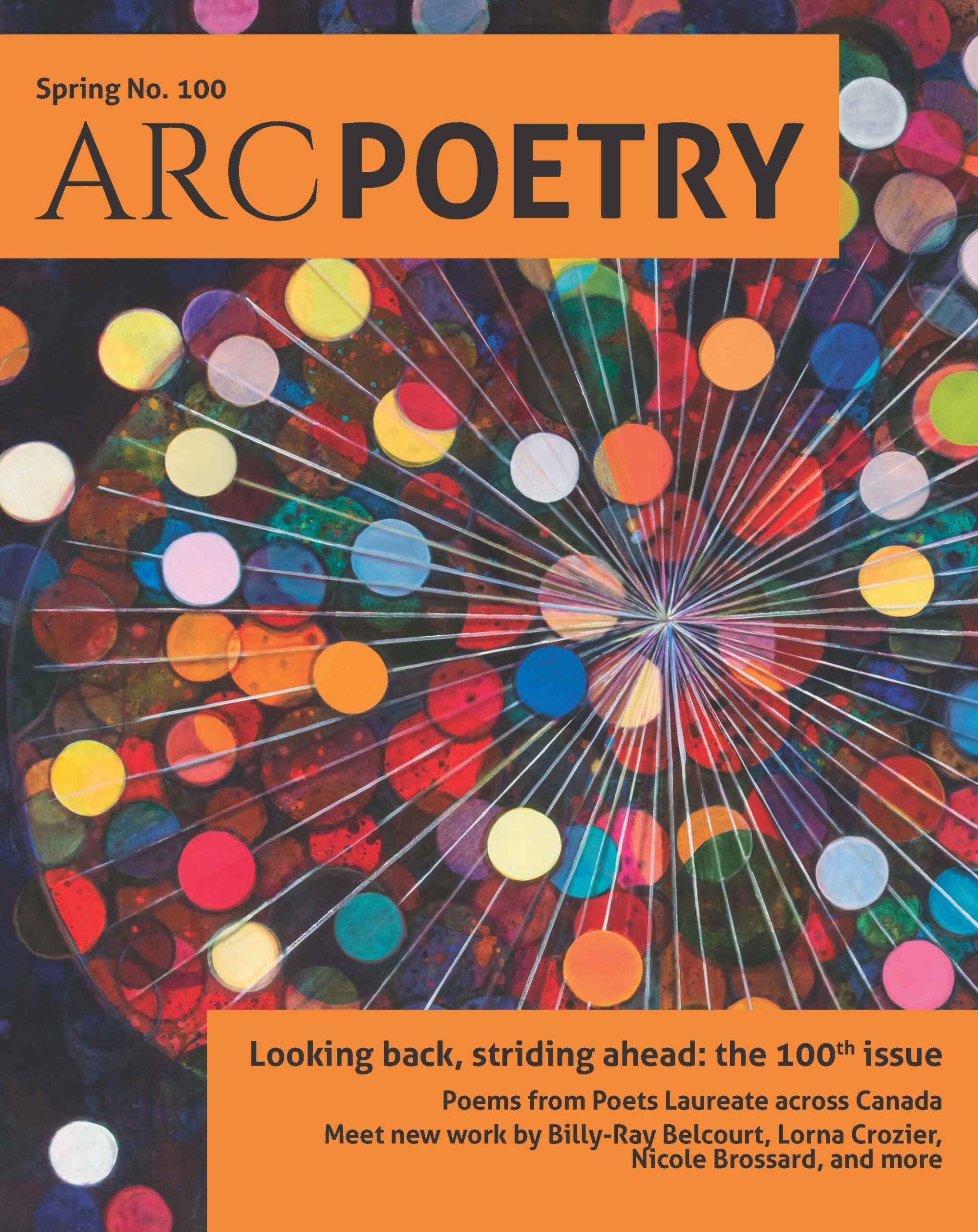 a colouful explosion of balls with orange boxes containing black text in front. the top box of text reads "spring number 100" on the top line and "Arc Poetry" on the bottom line.