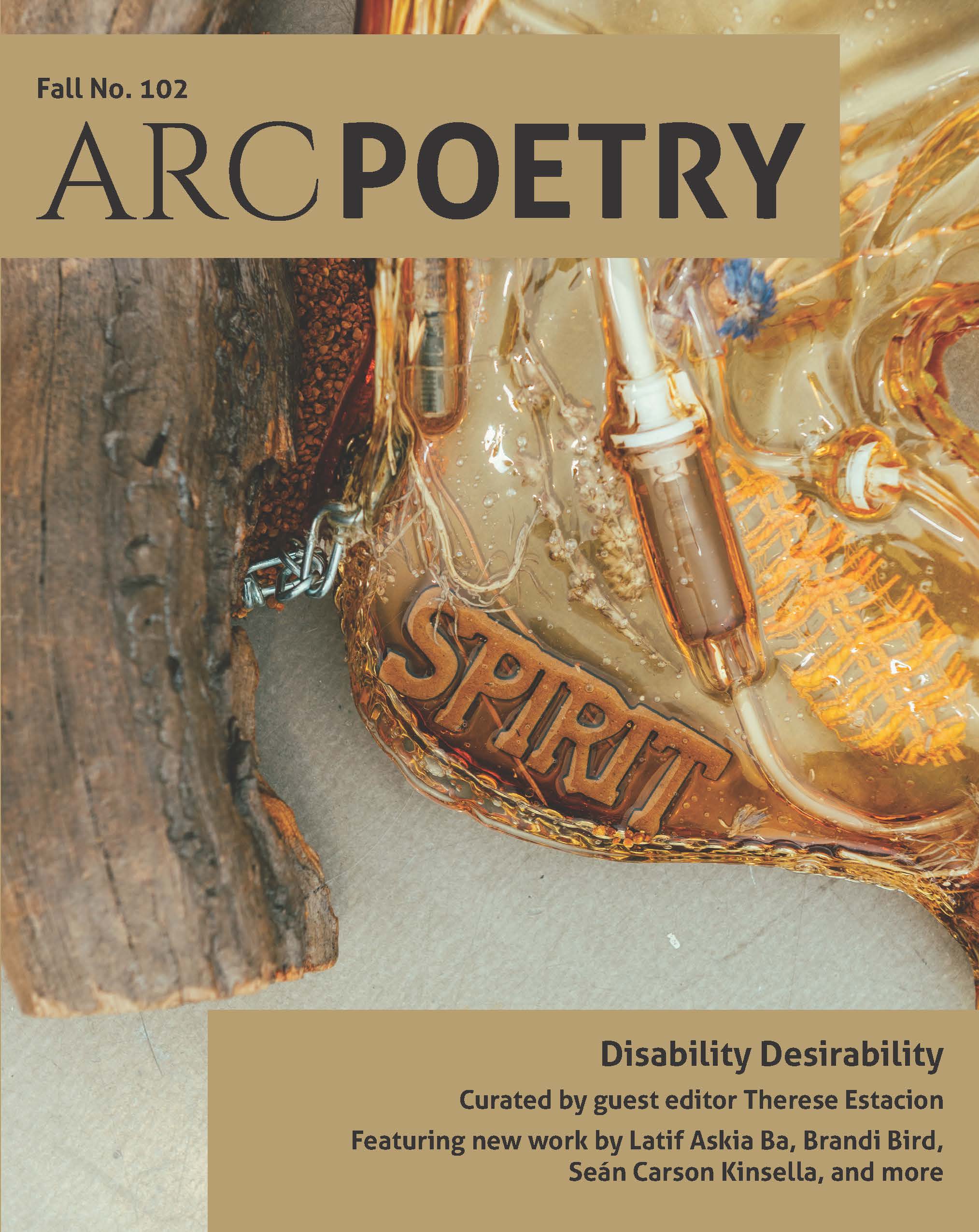 The cover of Arc #102, featuring a detail of a sculpture by Sharona Franklin. The text on the cover reads: "Disability Desirability Curated by guest editor Therese Estacion. Featuring new work by Latif Askia Ba, Brandi Bird, Seán Carson Kinsella, and more"